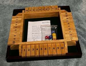 Wooden 4-Player Shut The Box Dice Game with Green Felt and Instructions